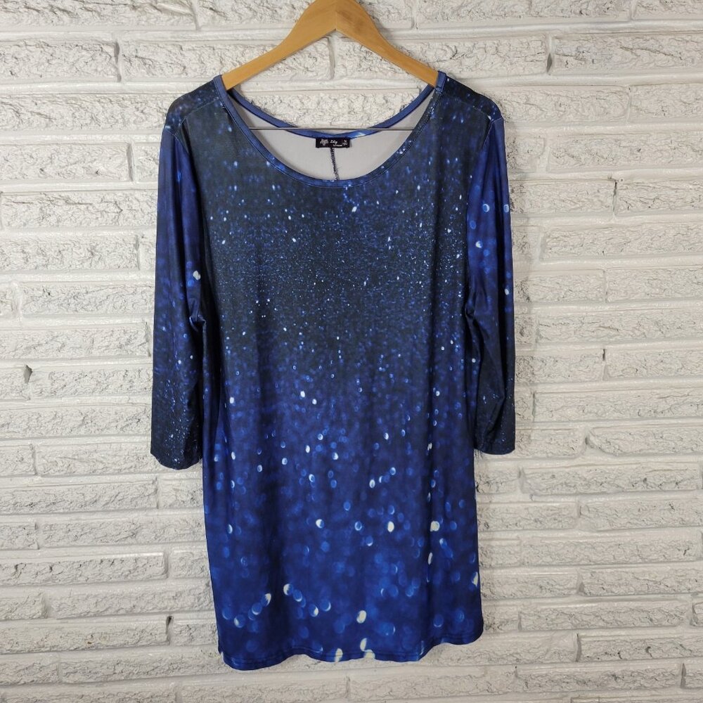 Lily Firmiana 1X Plus Blue Mini Dress 3/4 Sleeve Round Neck Pullover BLU88E